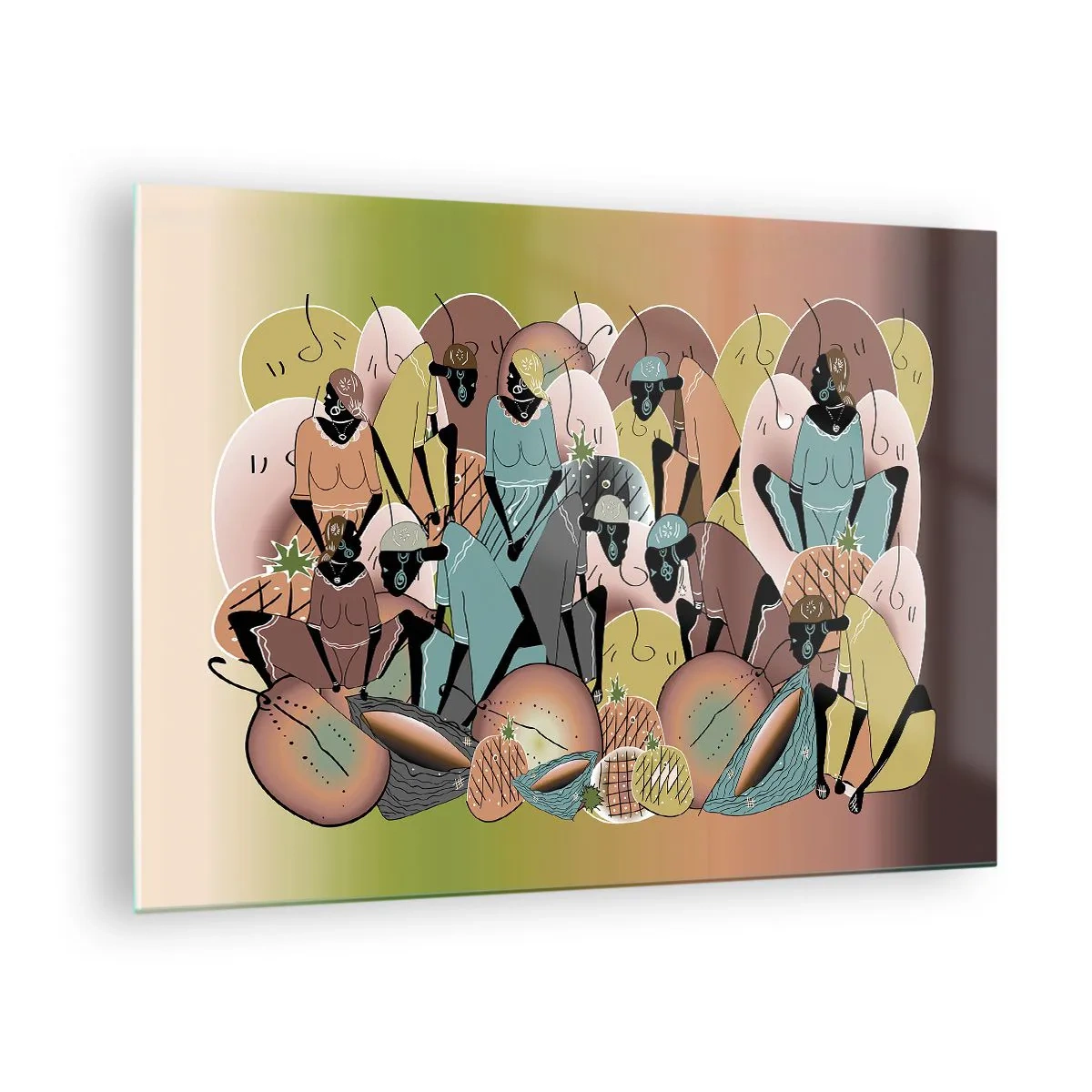 Cuadro sobre vidrio - Impresiones sobre Vidrio - Una ilustración abstracta de figuras en tonos beige, verde y rosa. - 70x50cm - Se avecina una gran celebración - Decoración de pared moderna para salón y dormitorio ARTTOR