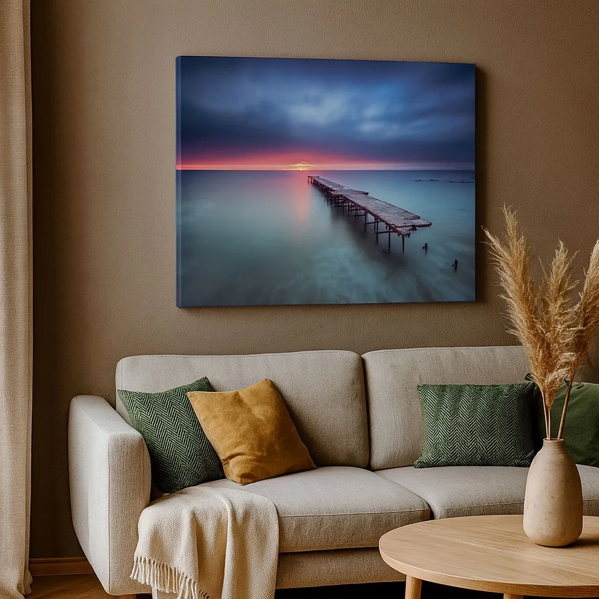 Cuadro sobre lienzo - Impresión de Imagen - Un muelle de madera que conduce directamente al mar al atardecer. - 70x50cm - Entre el cielo y el agua - Decoración de pared moderna para salón y dormitorio ARTTOR