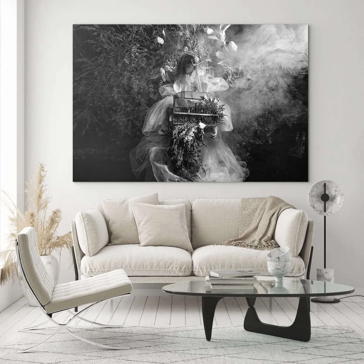 Cuadro sobre vidrio - Impresiones sobre Vidrio - Mujer con vestido de tul y corona de plantas en blanco y negro - 70x50cm - La madre misma - La naturaleza - Decoración de pared moderna para salón y dormitorio ARTTOR