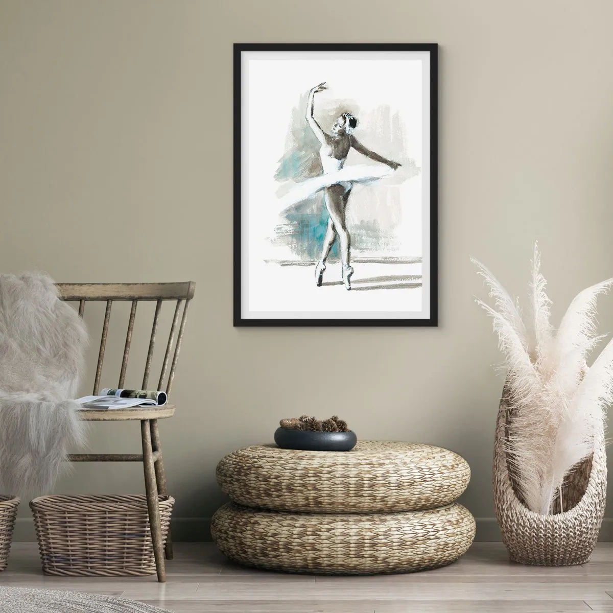 Póster en marco negro - Una bailarina de ballet con un vestido blanco actuando - 50x70cm - Encantada por un cisne - Decoración de pared moderna para salón y dormitorio ARTTOR