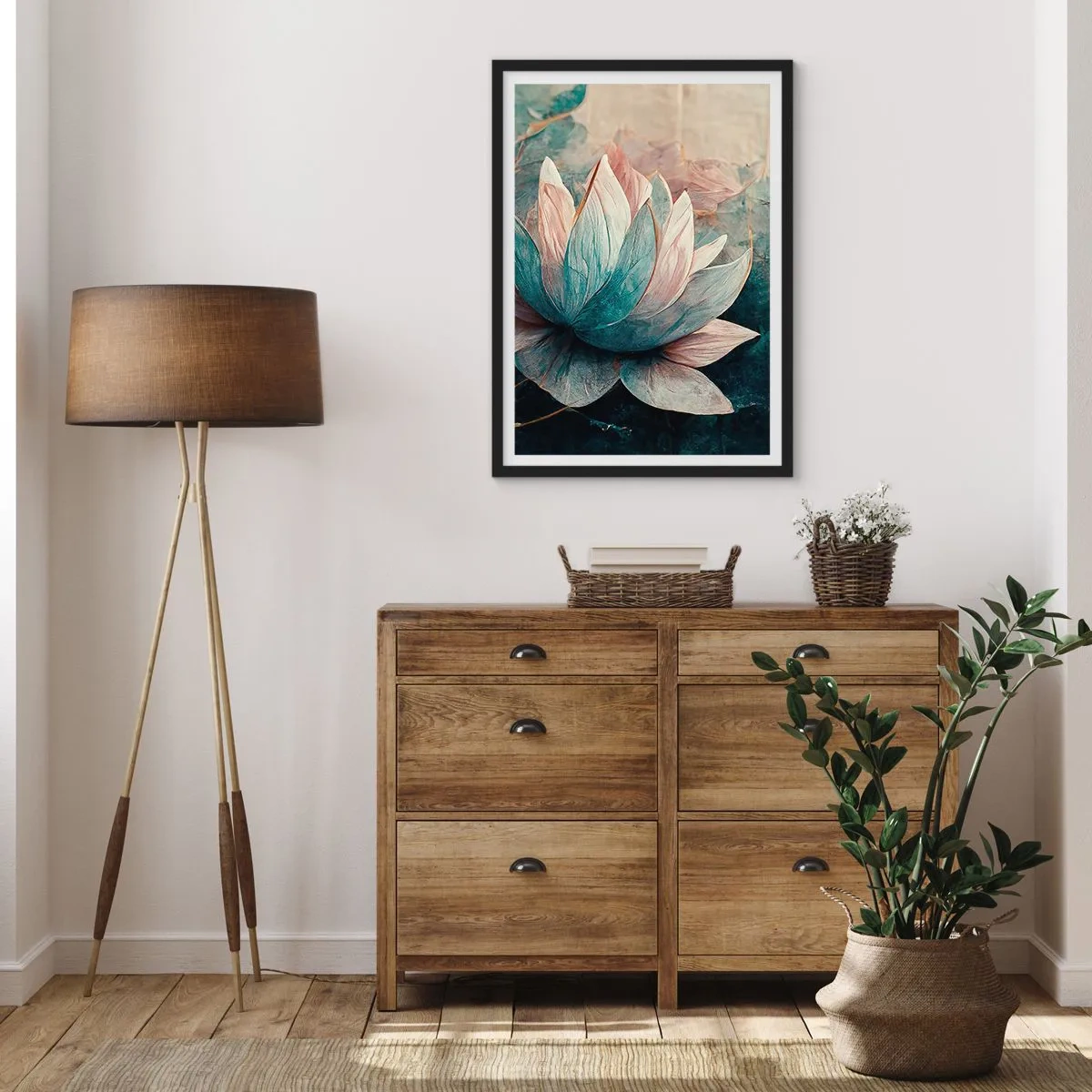 Póster en marco negro - Una delicada flor de loto con un aura mística. - 50x70cm - Estrellas de lago - Decoración de pared moderna para salón y dormitorio ARTTOR