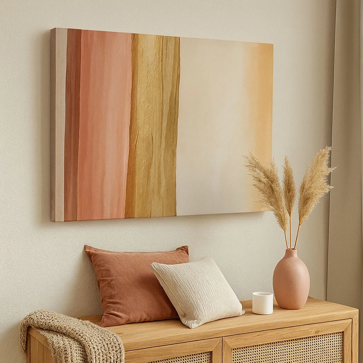 Cuadro sobre lienzo - Impresión de Imagen - Rayas abstractas en tonos beige, dorado y rosa sobre lienzo. - 70x50cm - Composición vertical - Decoración de pared moderna para salón y dormitorio ARTTOR