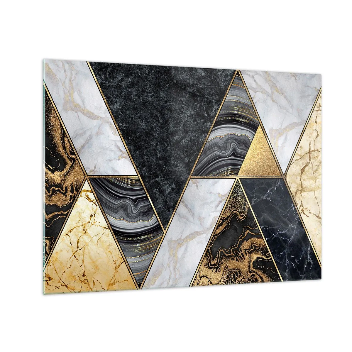 Cuadro sobre vidrio - Impresiones sobre Vidrio - Patrón geométrico de triángulos de mármol y oro. - 70x50cm - Collage de piedras - Decoración de pared moderna para salón y dormitorio ARTTOR