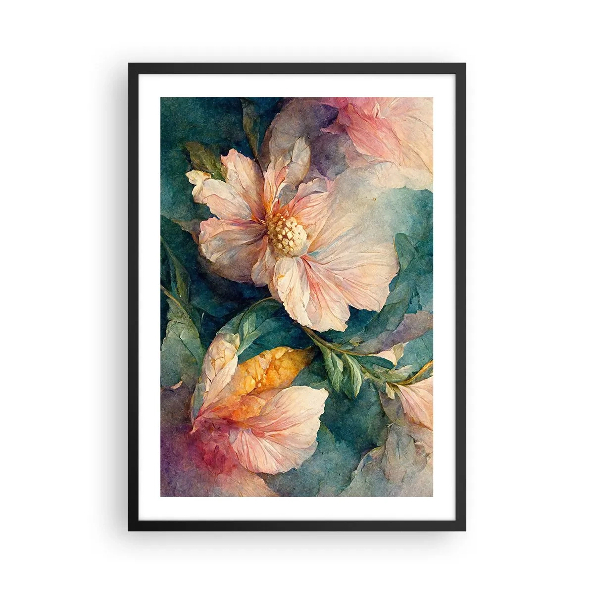 Póster en marco negro - Flores delicadas en estilo acuarela. - 50x70cm - La sutileza misma - Decoración de pared moderna para salón y dormitorio ARTTOR