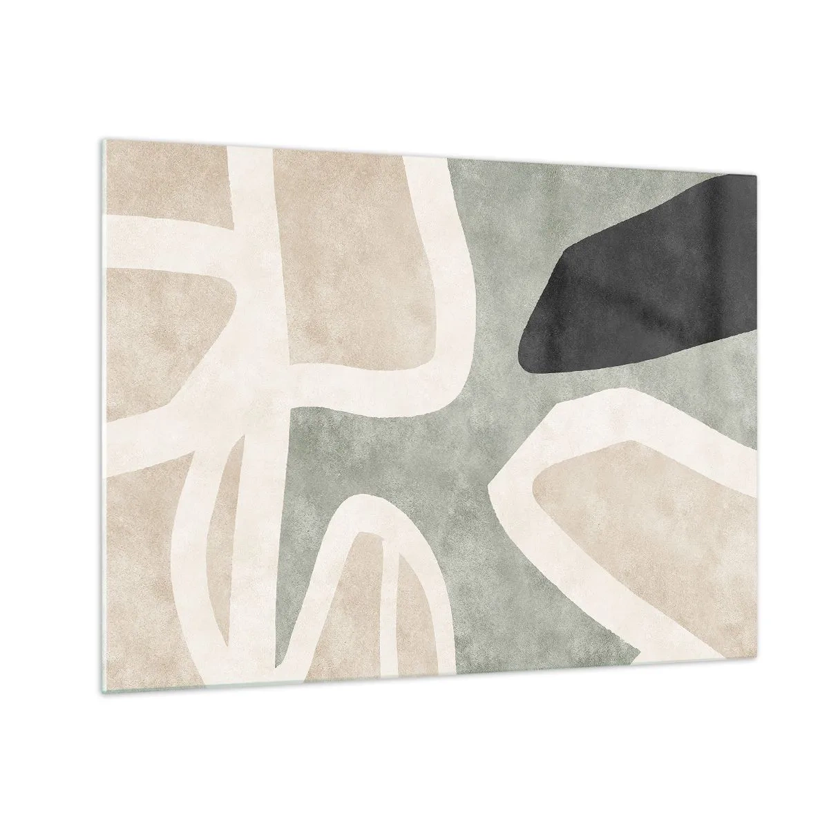 Cuadro sobre vidrio - Impresiones sobre Vidrio - Formas abstractas en beige y verde con un toque de negro. - 70x50cm - Composición con un toque negro - Decoración de pared moderna para salón y dormitorio ARTTOR