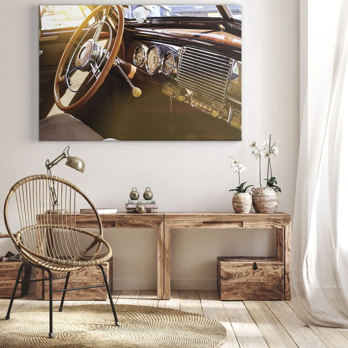Cuadro sobre lienzo - Impresión de Imagen - Primer plano del interior de un coche clásico con detalles en madera y cromo. - 70x50cm - Un soplo de lujo del pasado - Decoración de pared moderna para salón y dormitorio ARTTOR