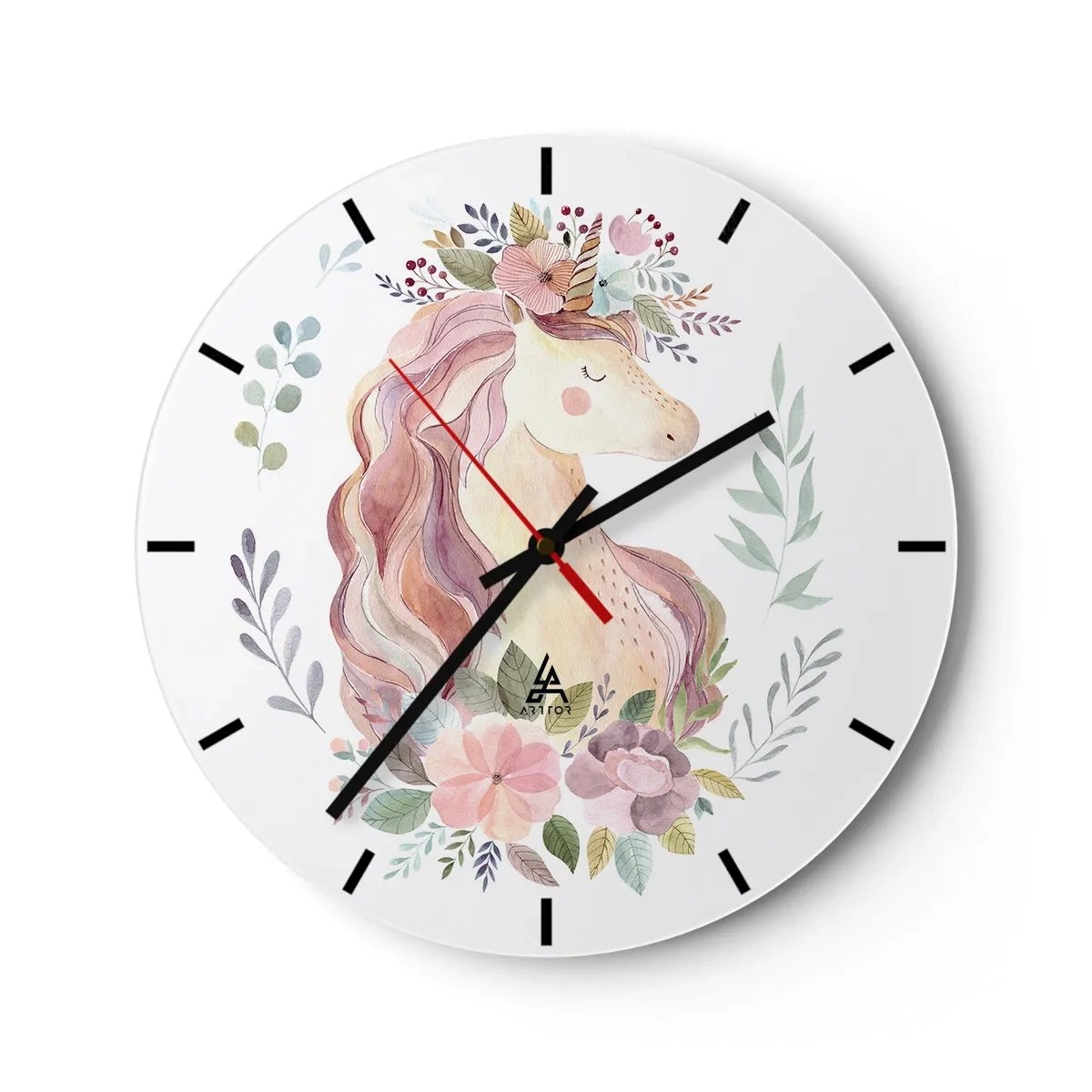 Reloj de pared - Reloj de vidrio - Cabeza de unicornio de acuarela con corona de flores. - 30x30cm - Una invitación al mundo de los cuentos de hadas - Decoración de pared moderna para salón, cocina y dormitorio ARTTOR