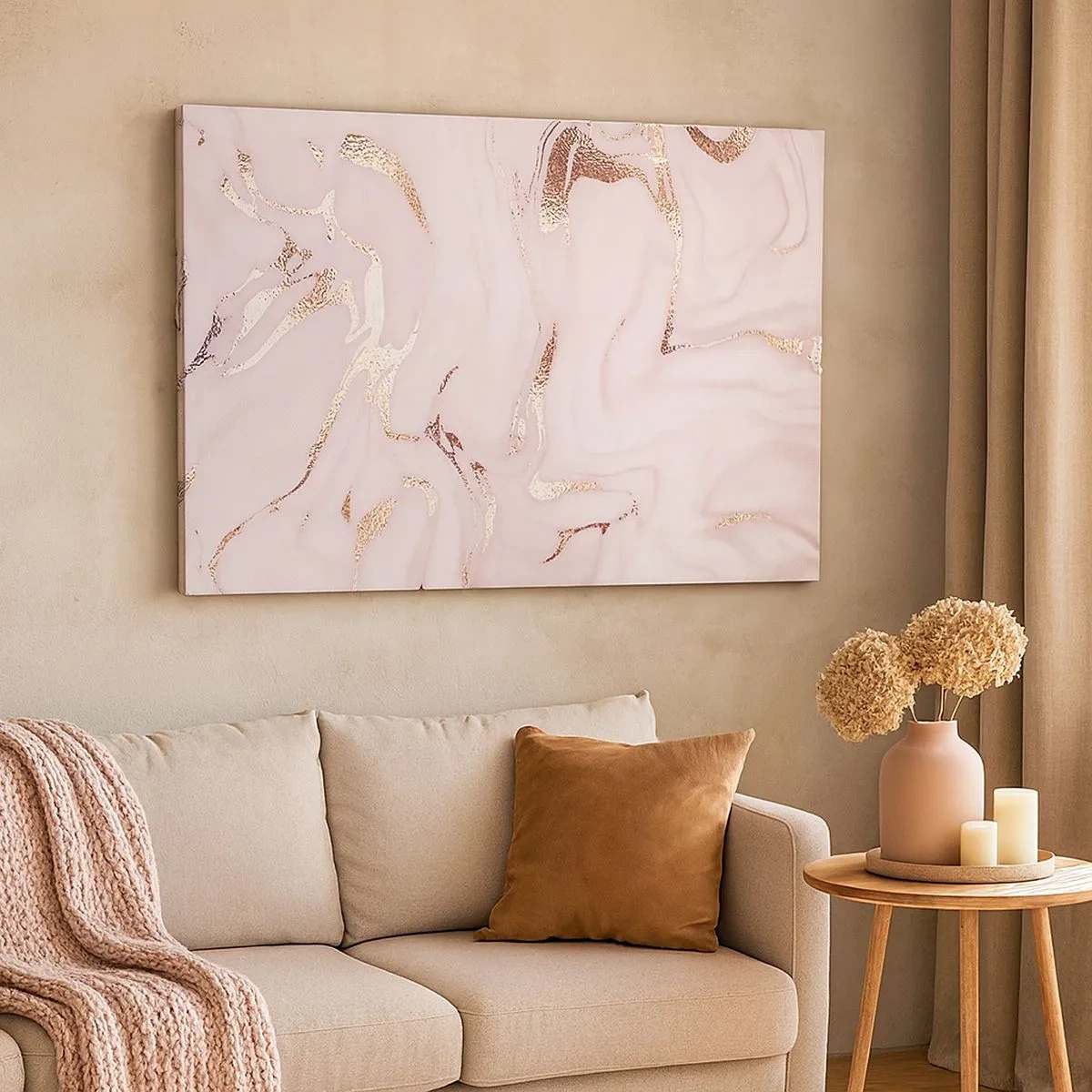 Cuadro sobre lienzo - Impresión de Imagen - Elegante abstracción en tonos rosa y dorado. - 70x50cm - En rosa - Decoración de pared moderna para salón y dormitorio ARTTOR