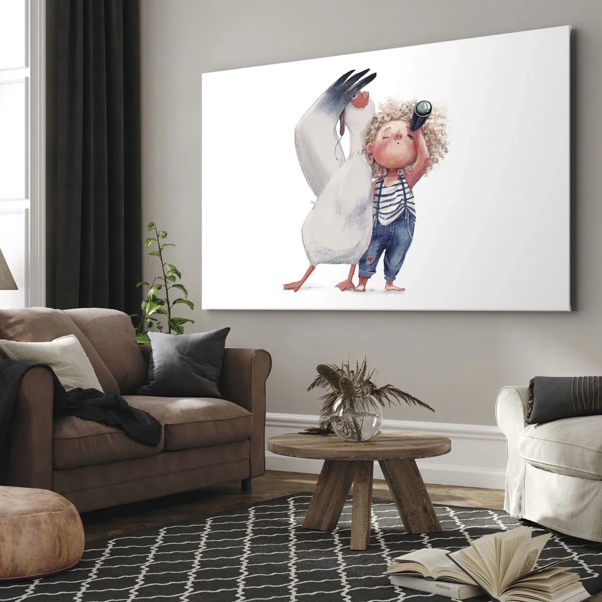 Cuadro sobre lienzo - Impresión de Imagen - Ilustración de un niño con un pelícano y un telescopio en la mano. - 70x50cm - Un plan para un gran viaje - Decoración de pared moderna para salón y dormitorio ARTTOR