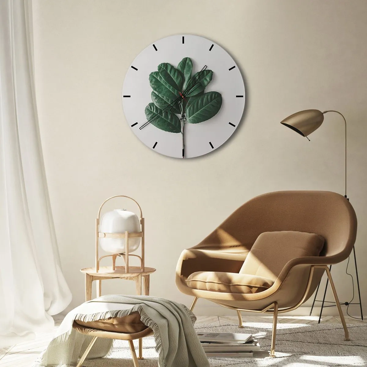 Reloj de pared - Reloj de vidrio - Una rama verde con hojas grandes sobre un fondo claro. - 30x30cm - El dibujo de la propia naturaleza - Decoración de pared moderna para salón, cocina y dormitorio ARTTOR