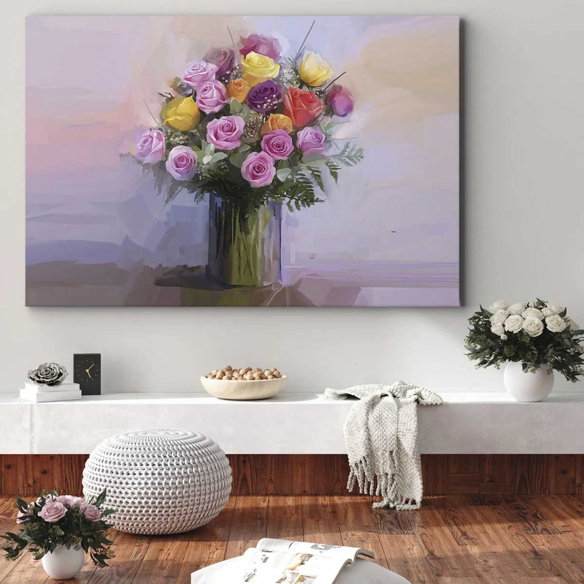 Cuadro sobre lienzo - Impresión de Imagen - Un ramo de rosas de colores en un jarrón de cristal. - 70x50cm - Belleza inmortalizada - Decoración de pared moderna para salón y dormitorio ARTTOR