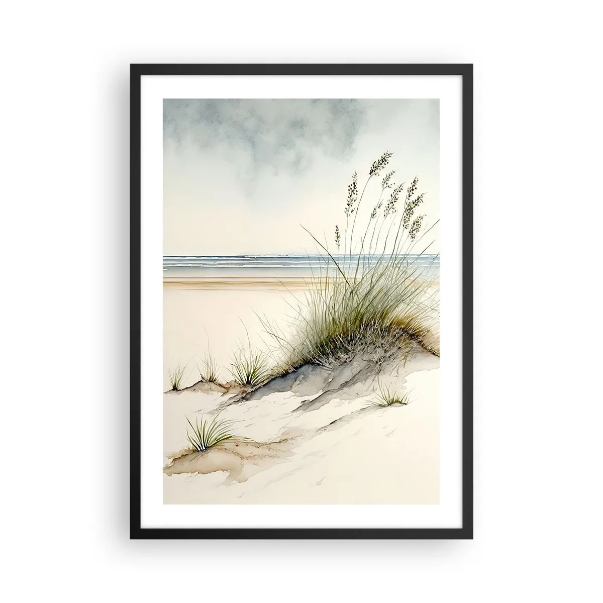 Póster en marco negro - Acariciadas por el viento - hierbas en las dunas junto a la playa - 50x70cm - Mimada por el viento - Decoración de pared moderna para salón y dormitorio ARTTOR