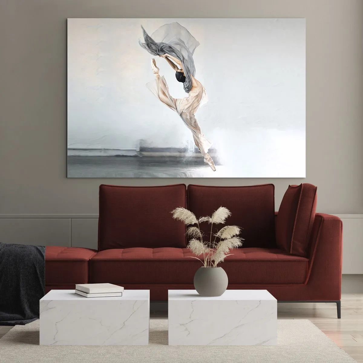 Cuadro sobre vidrio - Impresiones sobre Vidrio - Una bailarina realiza un salto dinámico bajo una luz suave. - 70x50cm - En el arrebato de la danza - Decoración de pared moderna para salón y dormitorio ARTTOR