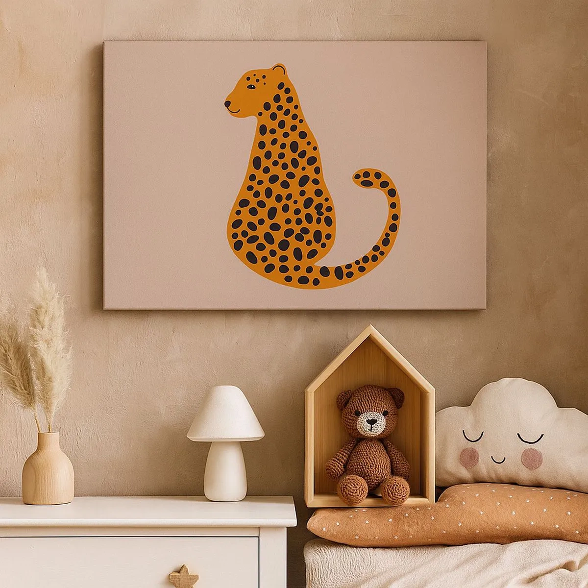 Cuadro sobre lienzo - Impresión de Imagen - Un dibujo minimalista de una pantera sobre un fondo beige. - 70x50cm - El estampado de leopardo está de moda - Decoración de pared moderna para salón y dormitorio ARTTOR