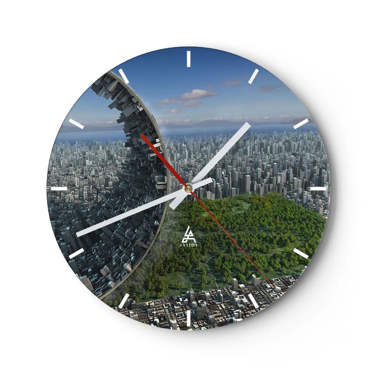 Reloj de pared - Reloj de vidrio - Una ciudad futurista con una estructura rota y vegetación en el fondo. - 30x30cm - La naturaleza es eterna - Decoración de pared moderna para salón, cocina y dormitorio ARTTOR