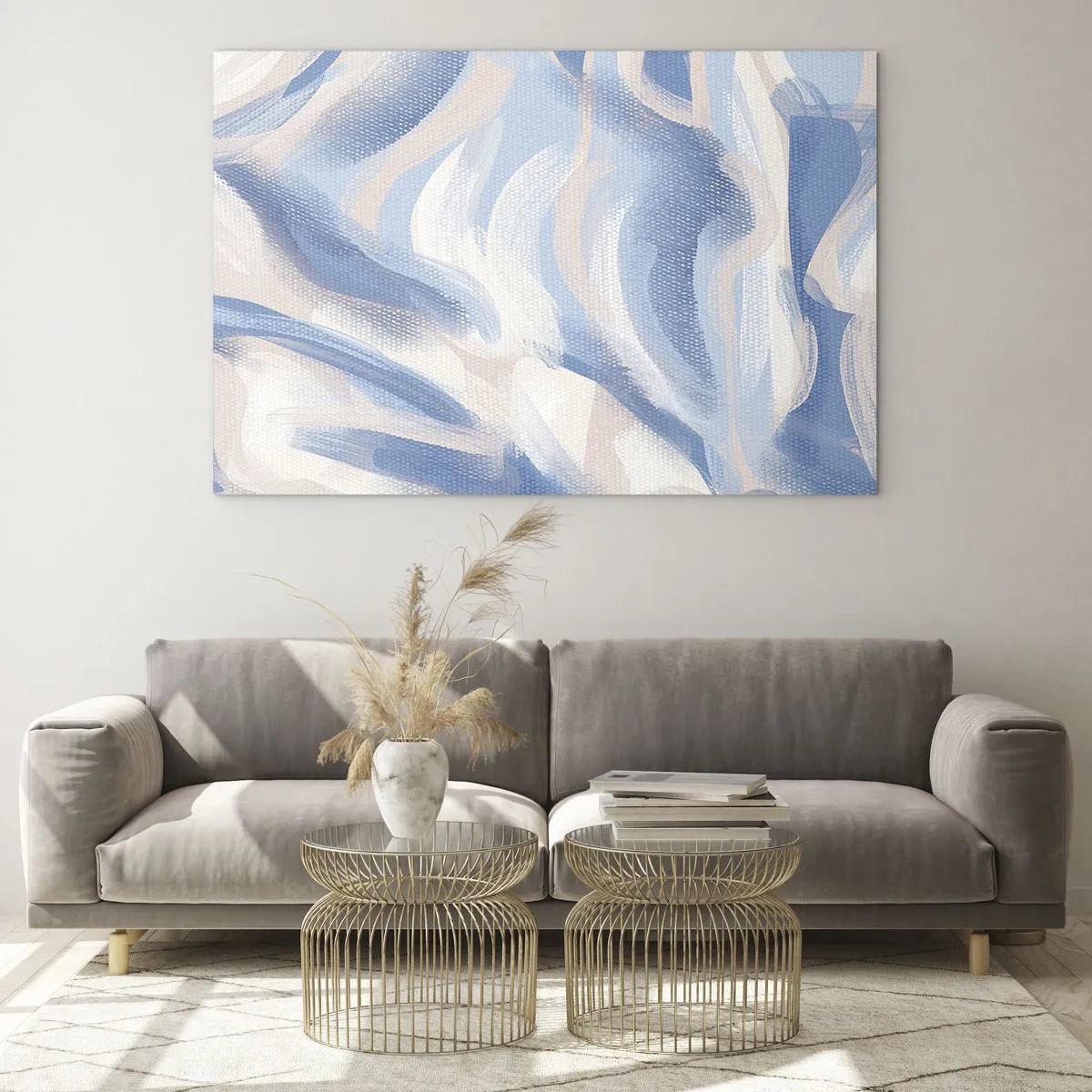 Cuadro sobre vidrio - Impresiones sobre Vidrio - Trazos abstractos en azul, blanco y beige en forma ondulada. - 70x50cm - Ondas azules - Decoración de pared moderna para salón y dormitorio ARTTOR