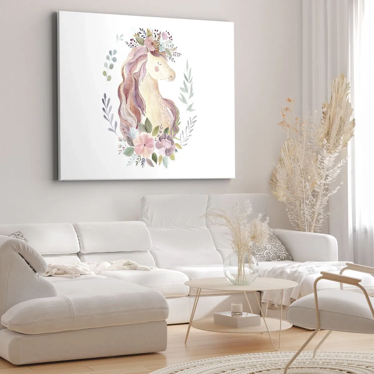 Cuadro sobre lienzo - Impresión de Imagen - Un unicornio en colores pastel rodeado de flores. - 70x50cm - Una invitación al mundo de los cuentos de hadas - Decoración de pared moderna para salón y dormitorio ARTTOR