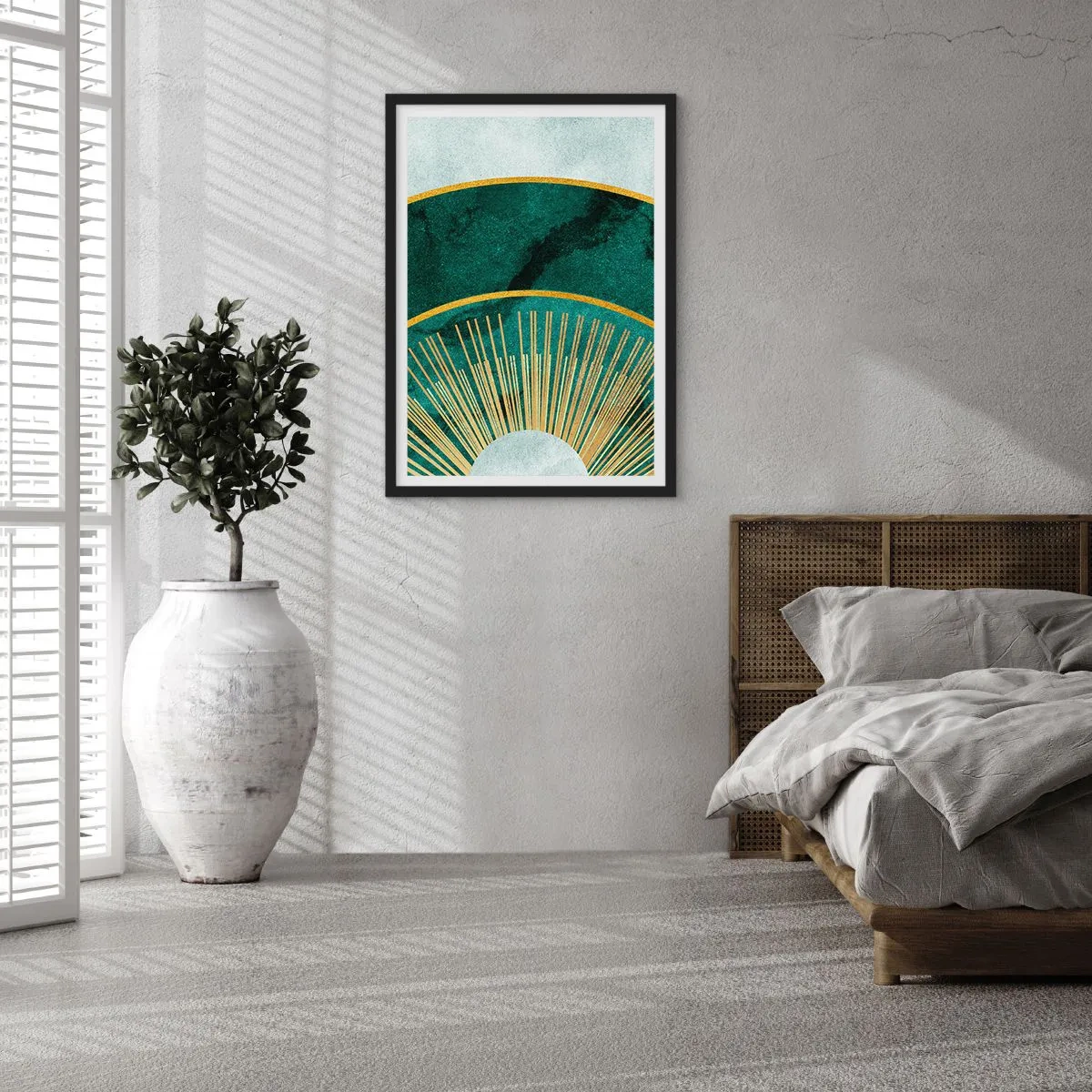 Póster en marco negro - Una elegante composición geométrica en tonos verdes y dorados. - 50x70cm - Un sistema solar diferente - Decoración de pared moderna para salón y dormitorio ARTTOR