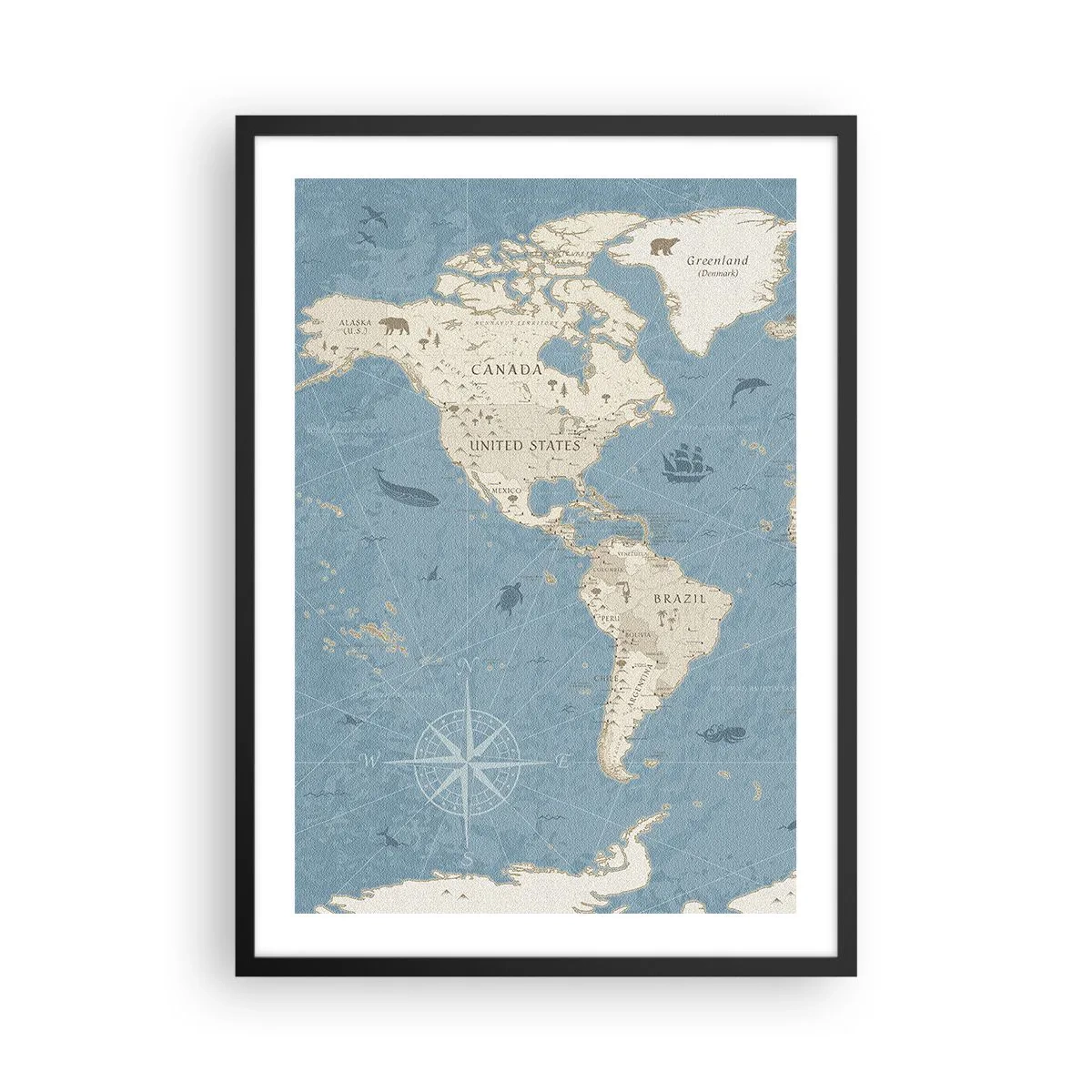 Póster en marco negro - Mapa estilizado de América del Norte y del Sur - 50x70cm - Un mundo al alcance de la mano - Decoración de pared moderna para salón y dormitorio ARTTOR