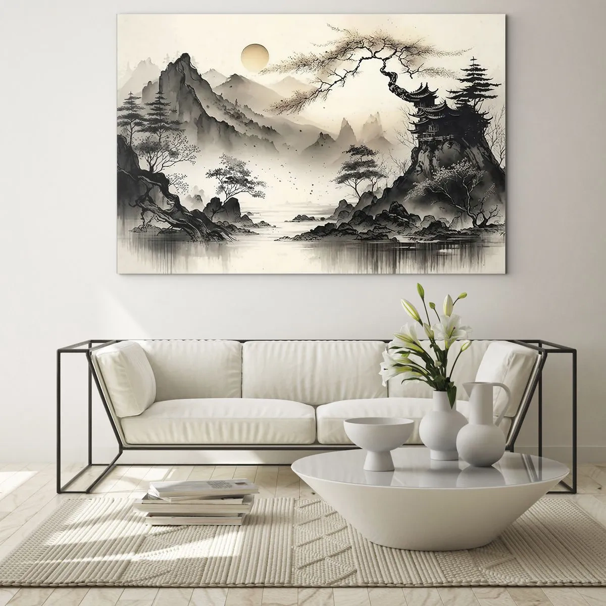 Cuadro sobre vidrio - Impresiones sobre Vidrio - Paisaje montañoso oriental con pagoda y árboles. - 70x50cm - El encanto único de Oriente - Decoración de pared moderna para salón y dormitorio ARTTOR