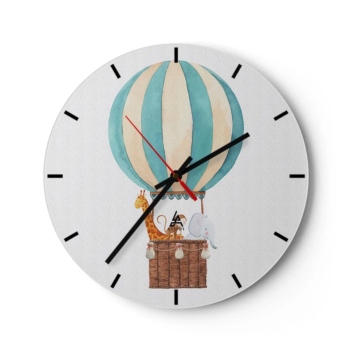 Reloj de pared - Reloj de vidrio - Un globo con una jirafa y un elefante flotando en las nubes. - 30x30cm - Viaje fantástico - Decoración de pared moderna para salón, cocina y dormitorio ARTTOR