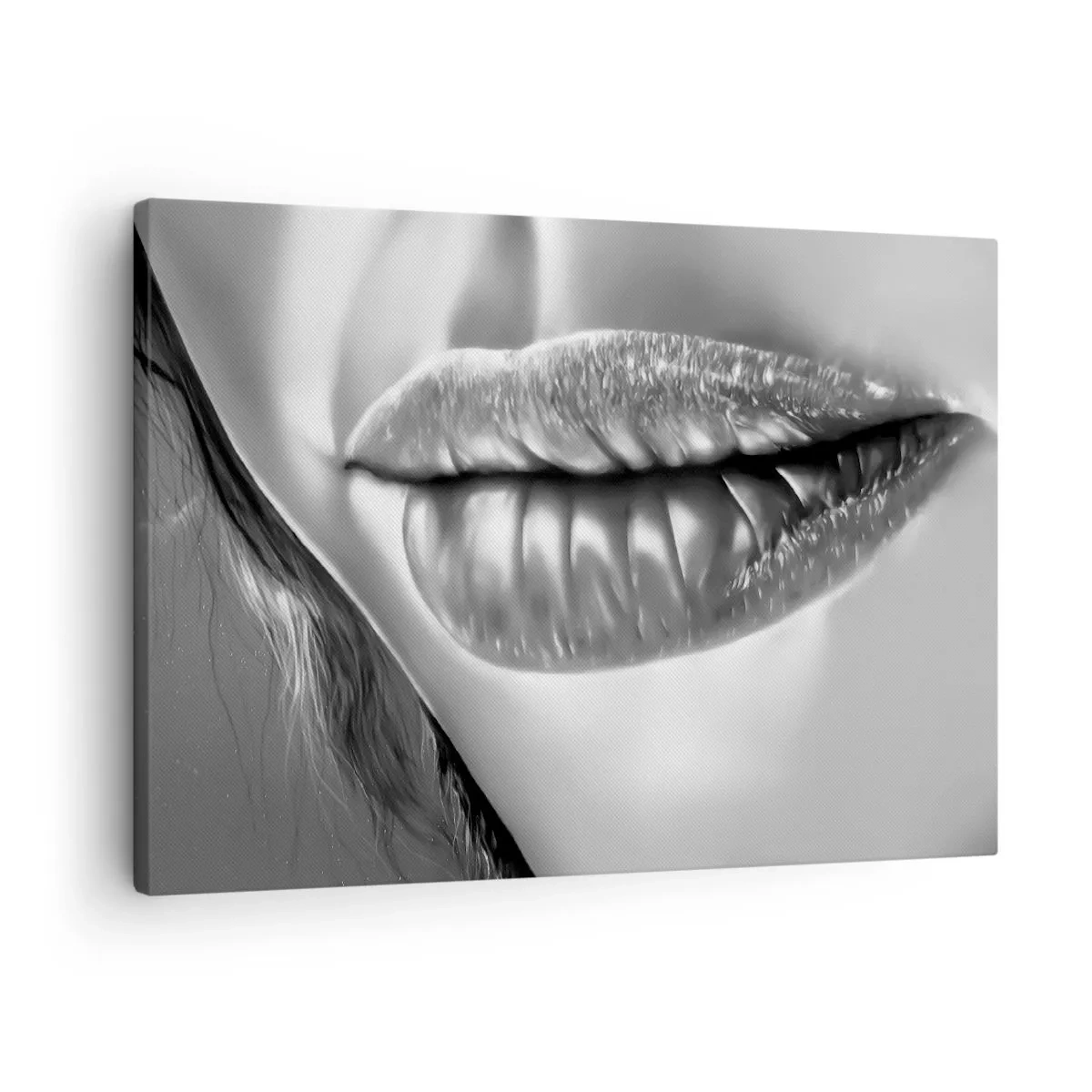 Cuadro sobre lienzo - Impresión de Imagen - Primer plano en blanco y negro de los labios de una mujer con efecto brillante y detalles. - 70x50cm - Sé lo que estás pensando... - Decoración de pared moderna para salón y dormitorio ARTTOR