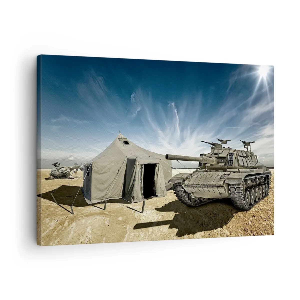 Cuadro sobre lienzo - Impresión de Imagen - Un tanque junto a una tienda militar en una zona desértica. - 70x50cm - Campaña militar - Decoración de pared moderna para salón y dormitorio ARTTOR