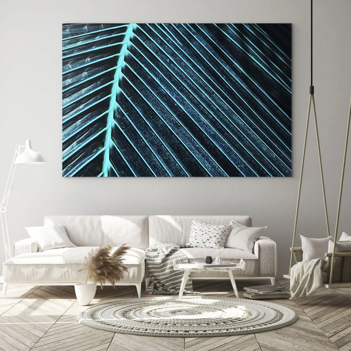 Cuadro sobre vidrio - Impresiones sobre Vidrio - Fotografía macro de una hoja de palma en tonos turquesa. - 70x50cm - La textura del verde - Decoración de pared moderna para salón y dormitorio ARTTOR