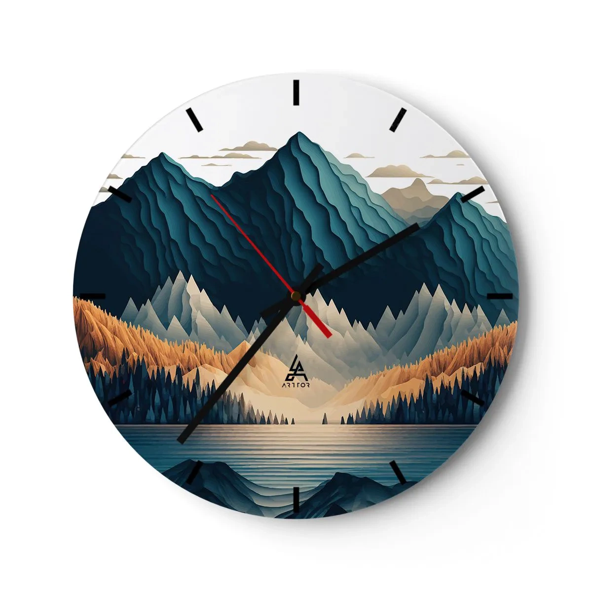 Reloj de pared - Reloj de vidrio - Montañas en tonos azul marino y beige sobre el lago por la mañana. - 30x30cm - Paisaje perfecto de montañas - Decoración de pared moderna para salón, cocina y dormitorio ARTTOR