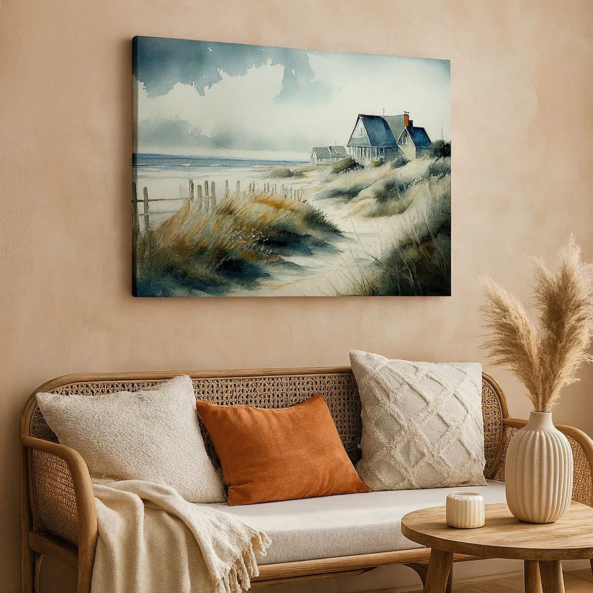 Cuadro sobre lienzo - Impresión de Imagen - Una casa junto al mar rodeada de césped y con vistas al mar. - 70x50cm - Lejos del bullicio - Decoración de pared moderna para salón y dormitorio ARTTOR