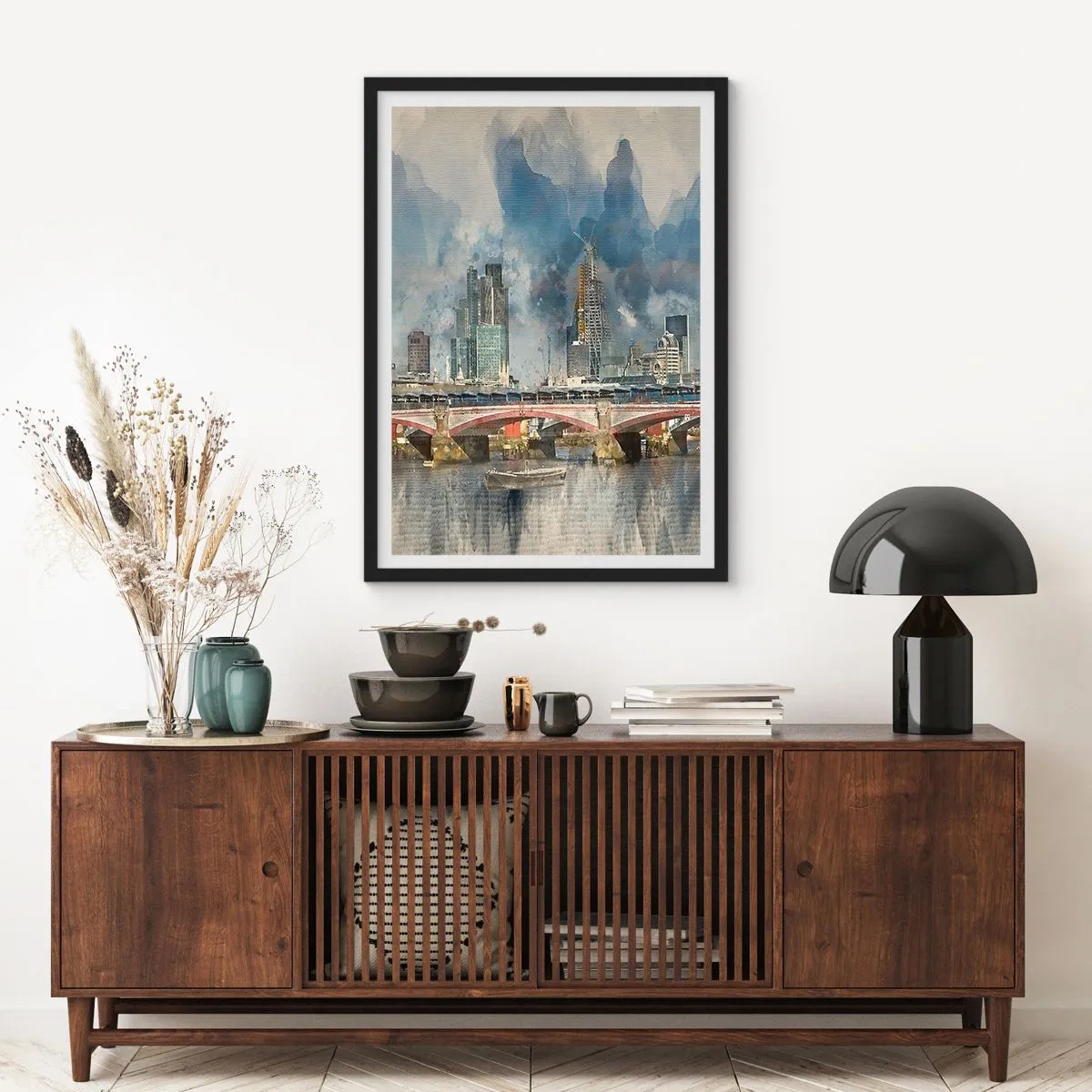 Póster en marco negro - Paisaje urbano con un puente y rascacielos al fondo - 50x70cm - Londres en todo su esplendor - Decoración de pared moderna para salón y dormitorio ARTTOR