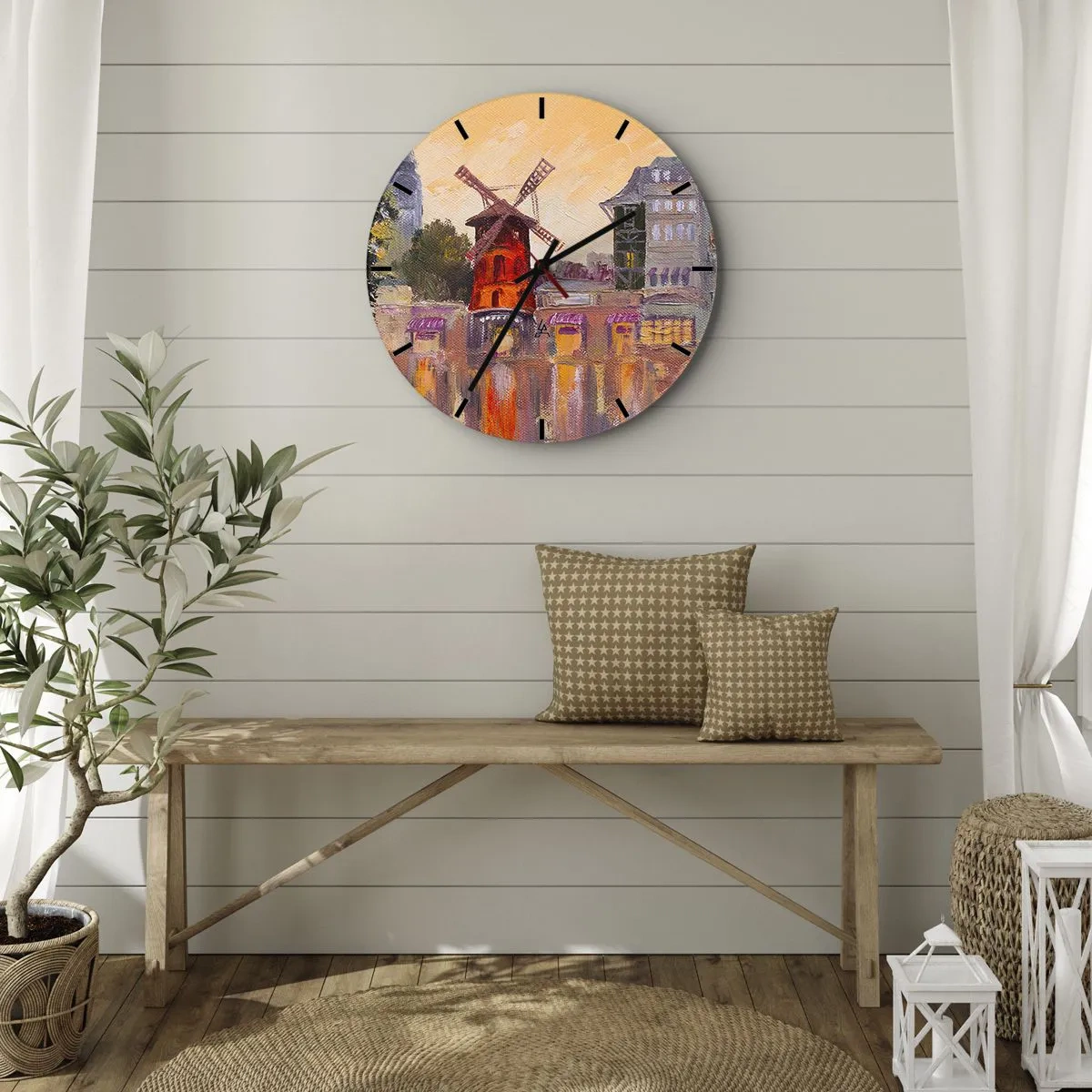 Reloj de pared - Reloj de vidrio - El Moulin Rouge en una interpretación pictórica del paisaje urbano - 30x30cm - Iconos parisinos - Moulin Rouge - Decoración de pared moderna para salón, cocina y dormitorio ARTTOR