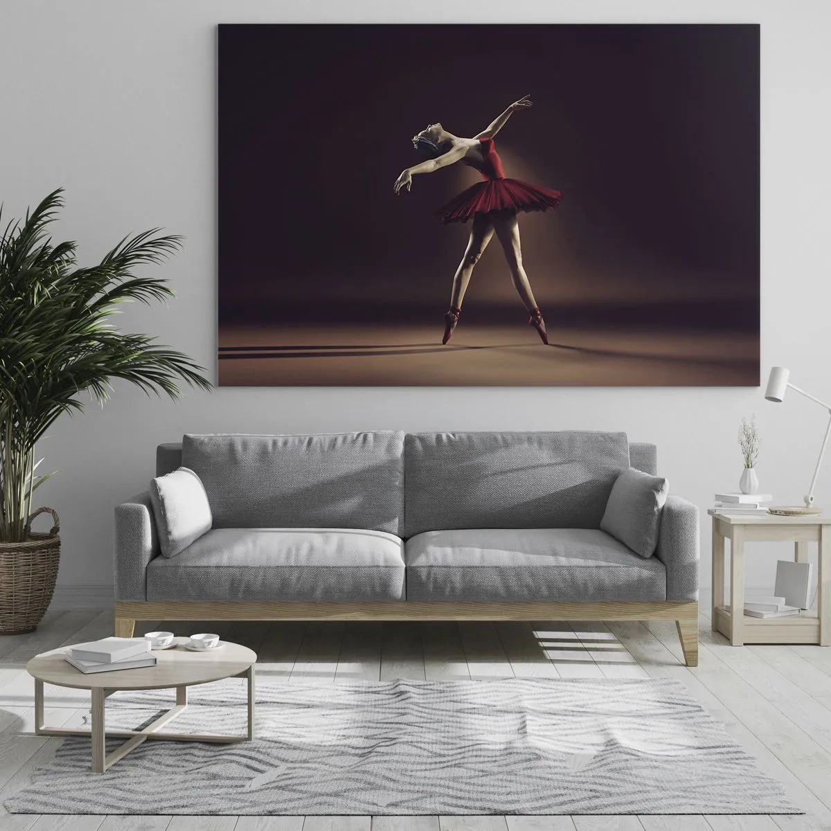 Cuadro sobre vidrio - Impresiones sobre Vidrio - Una bailarina con un vestido rojo en una pose dinámica. - 70x50cm - Primera bailarina - Decoración de pared moderna para salón y dormitorio ARTTOR