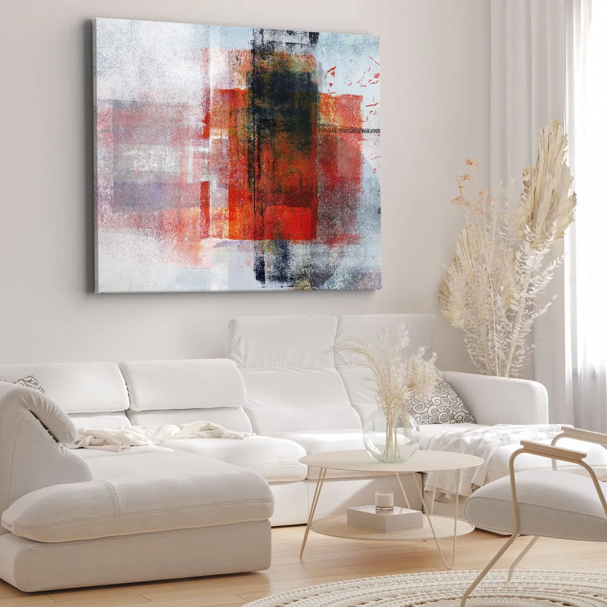 Cuadro sobre lienzo - Impresión de Imagen - Composición geométrica abstracta con acentos rojos y naranjas. - 70x50cm - Composición brillante - Decoración de pared moderna para salón y dormitorio ARTTOR