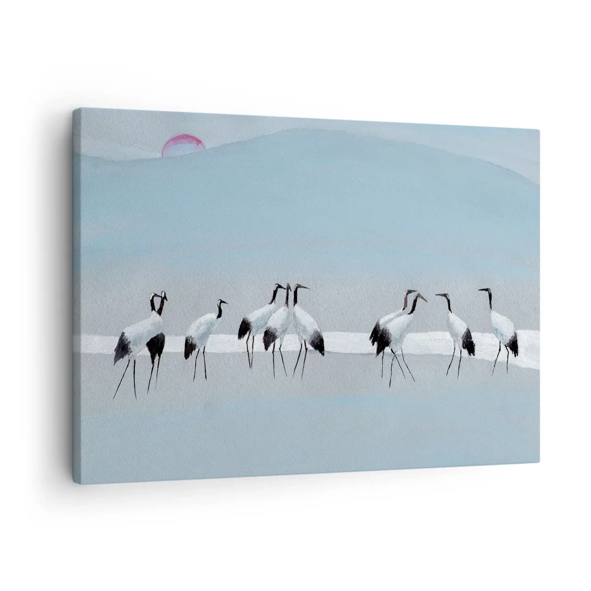 Cuadro sobre lienzo - Impresión de Imagen - Un grupo de grullas contra un cielo azul y el sol naciente. - 70x50cm - Después de un día caluroso - Decoración de pared moderna para salón y dormitorio ARTTOR