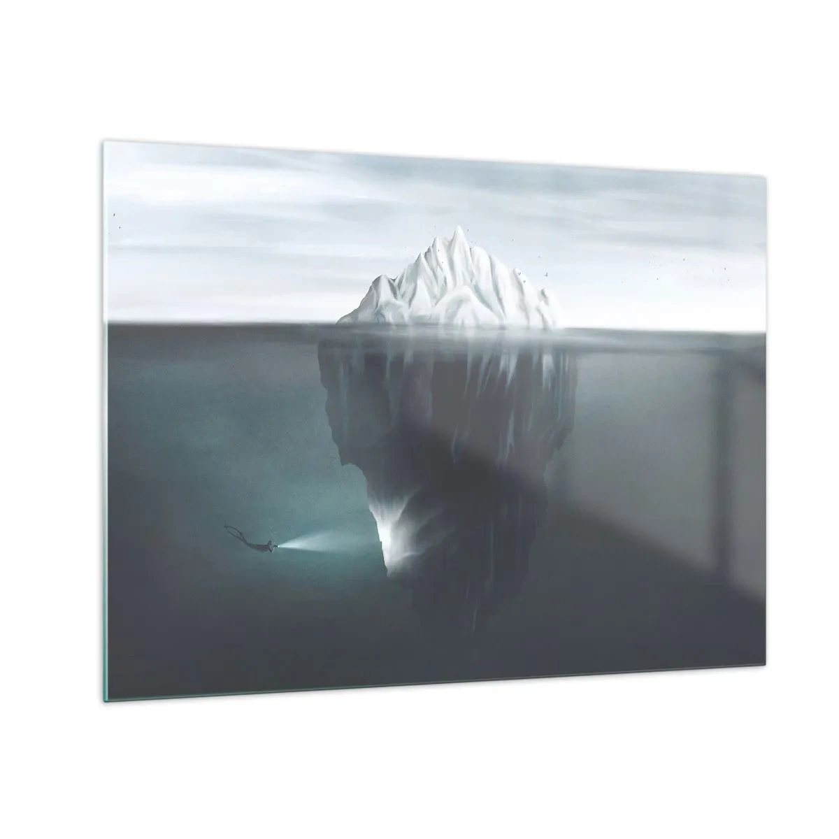 Cuadro sobre vidrio - Impresiones sobre Vidrio - Un iceberg con un buceador explorando la parte submarina. - 70x50cm - Misterio submarino - Decoración de pared moderna para salón y dormitorio ARTTOR
