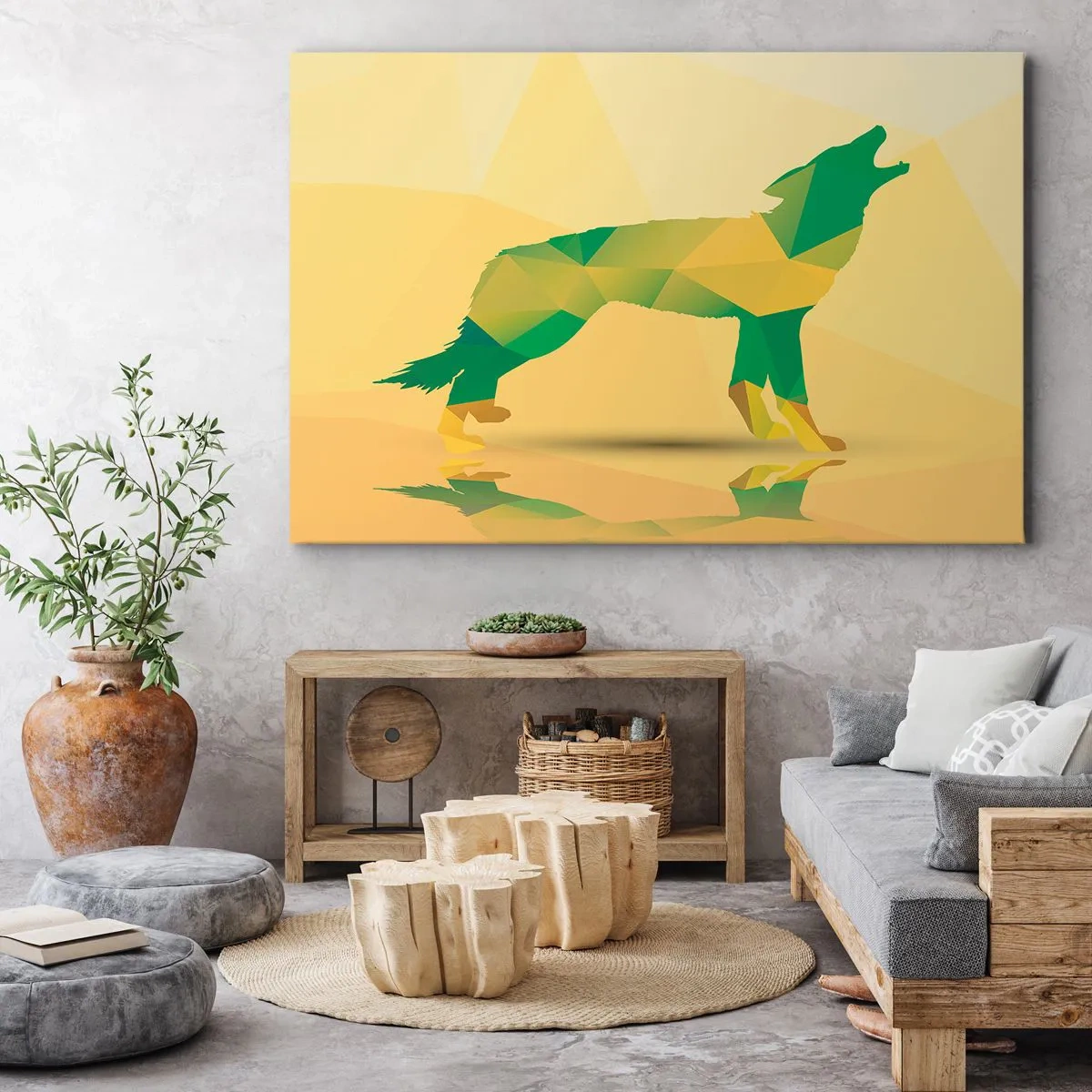 Cuadro sobre lienzo - Impresión de Imagen - Silueta geométrica de lobo en tonos verdes y amarillos. - 70x50cm - Lobo solitario - Decoración de pared moderna para salón y dormitorio ARTTOR
