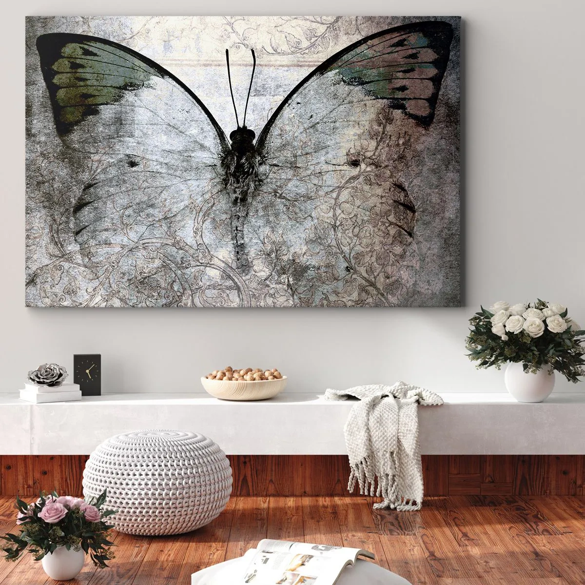 Cuadro sobre lienzo - Impresión de Imagen - Una mariposa en tonos verdes y grises sobre un fondo decorativo. - 70x50cm - En el estilo Art Nouveau - Decoración de pared moderna para salón y dormitorio ARTTOR