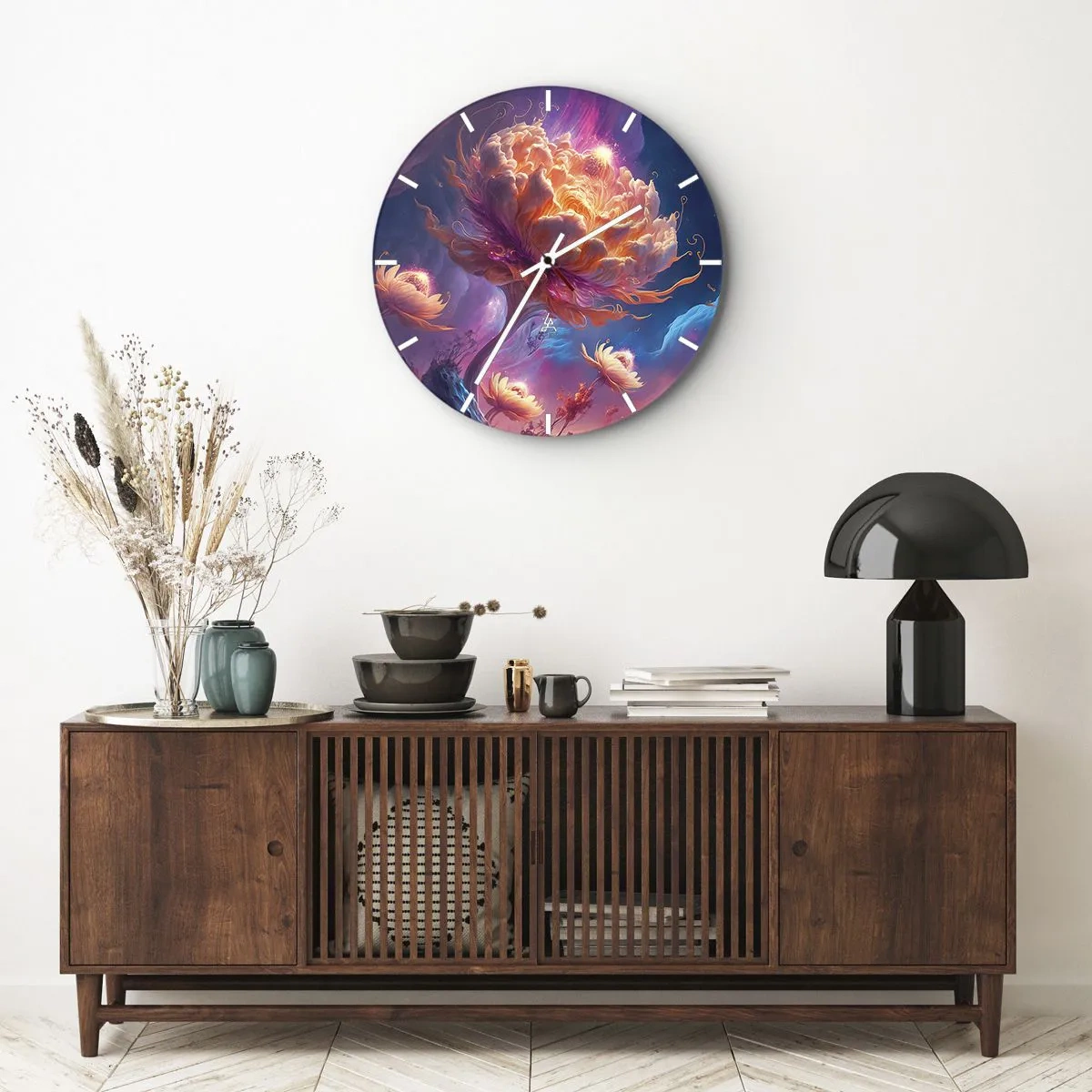 Reloj de pared - Reloj de vidrio - Una flor fantástica iluminada en un paisaje cósmico. - 30x30cm - Otro mundo - Decoración de pared moderna para salón, cocina y dormitorio ARTTOR