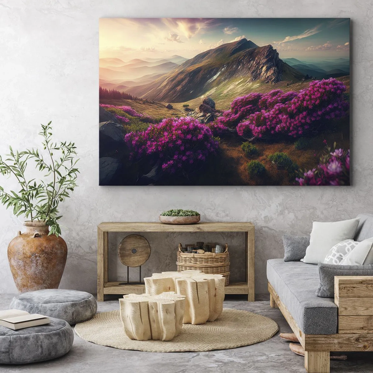Cuadro sobre lienzo - Impresión de Imagen - Paisaje de montaña con rododendros en flor - 70x50cm - Verano en las montañas - Decoración de pared moderna para salón y dormitorio ARTTOR