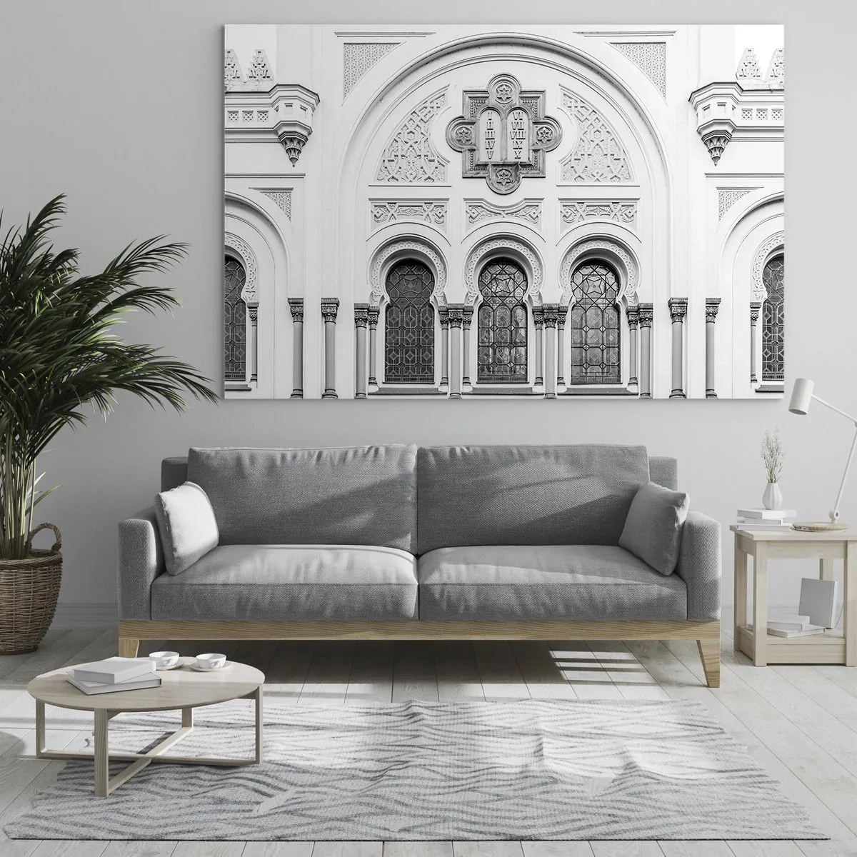 Cuadro sobre vidrio - Impresiones sobre Vidrio - La fachada de un edificio histórico con ventanas y detalles decorativos. - 70x50cm - En la frontera de las culturas - Decoración de pared moderna para salón y dormitorio ARTTOR