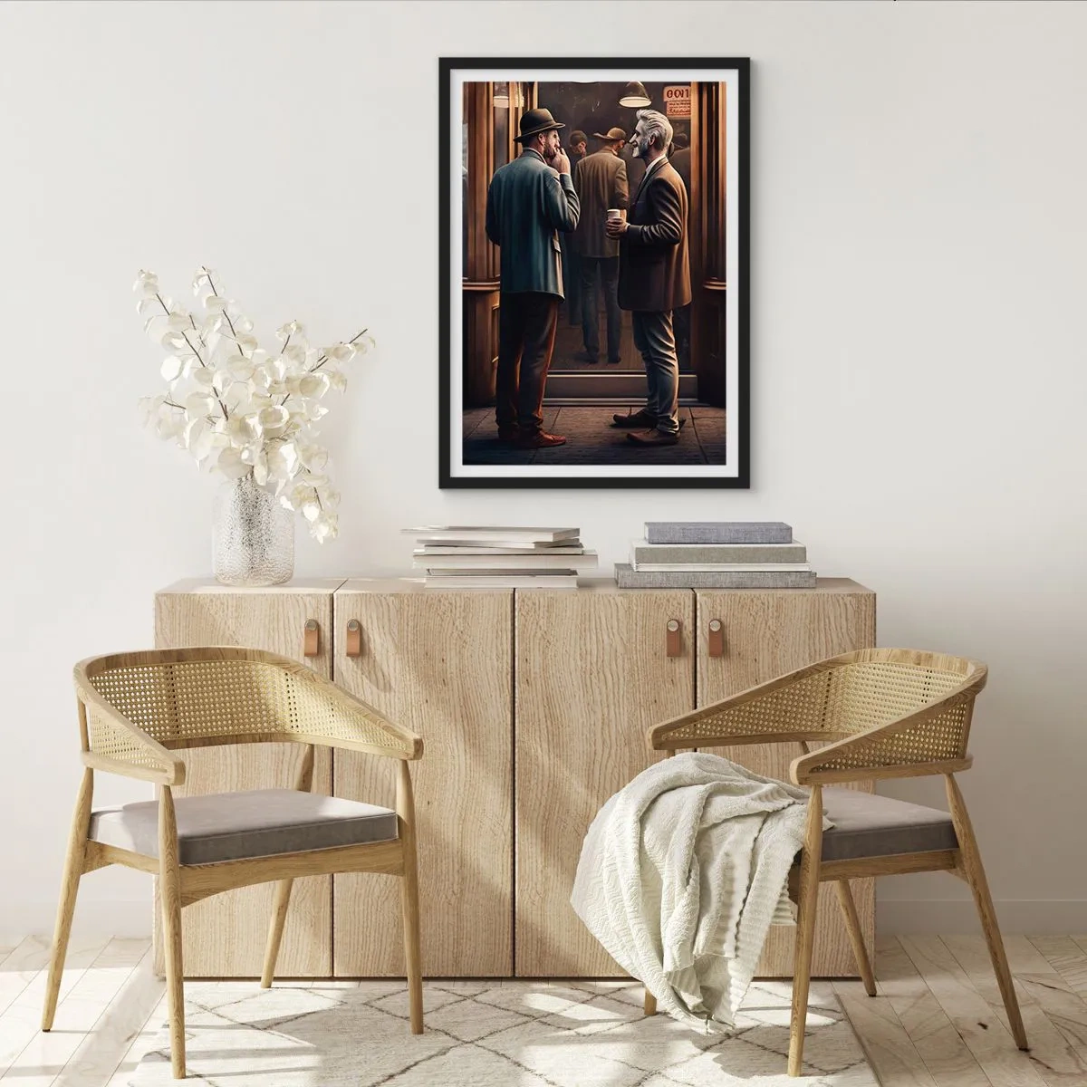 Póster en marco negro - Dos hombres elegantes hablando frente a un café. - 50x70cm - Un buen momento del día - Decoración de pared moderna para salón y dormitorio ARTTOR