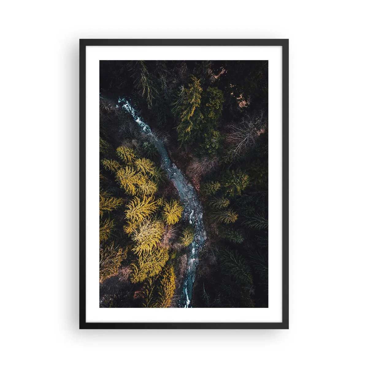 Póster en marco negro - Una vista de pájaro de un arroyo forestal. - 50x70cm - Rápido, cada vez más rápido - Decoración de pared moderna para salón y dormitorio ARTTOR