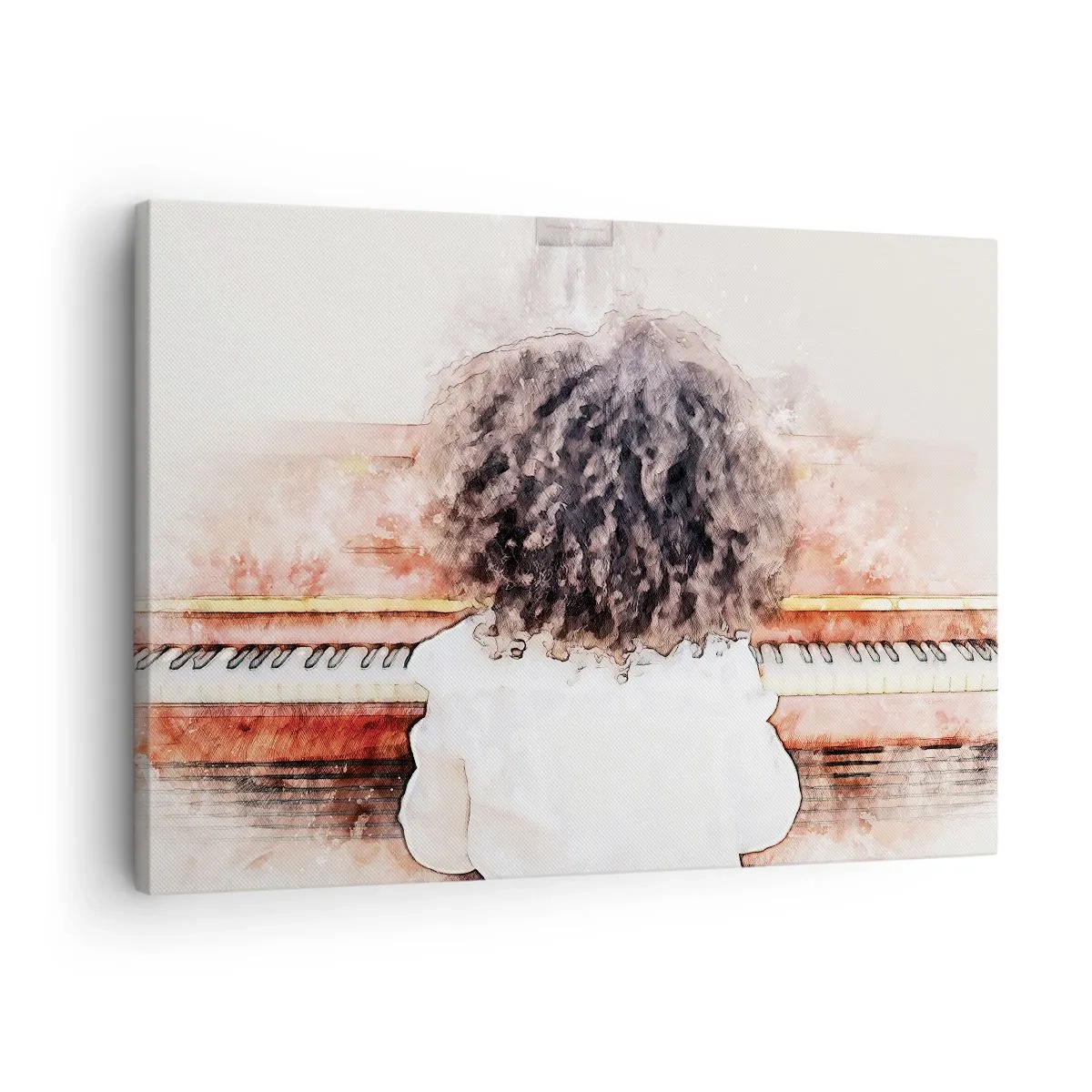Cuadro sobre lienzo - Impresión de Imagen - Una chica con cabello tupido al piano - 70x50cm - Descubriendo un mundo nuevo - Decoración de pared moderna para salón y dormitorio ARTTOR