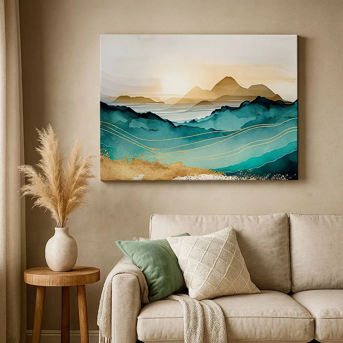 Cuadro sobre lienzo - Impresión de Imagen - Paisaje abstracto con montañas y acentos dorados. - 70x50cm - Al borde de la abstracción - paisaje - Decoración de pared moderna para salón y dormitorio ARTTOR