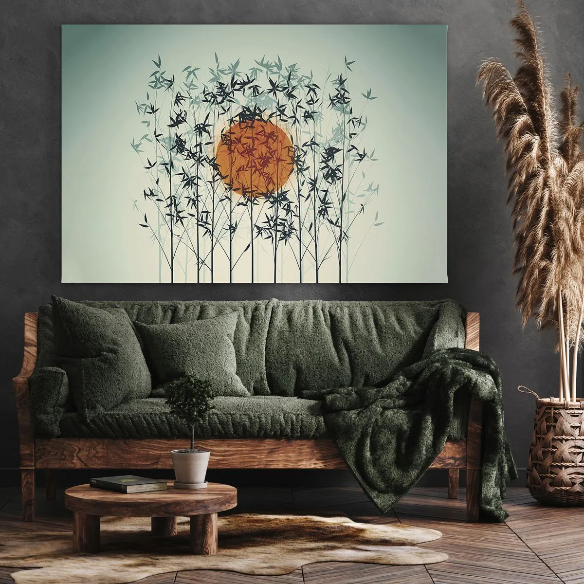 Cuadro sobre lienzo - Impresión de Imagen - Sol naranja entre las ramas de bambú. - 70x50cm - El sol de Japón - Decoración de pared moderna para salón y dormitorio ARTTOR