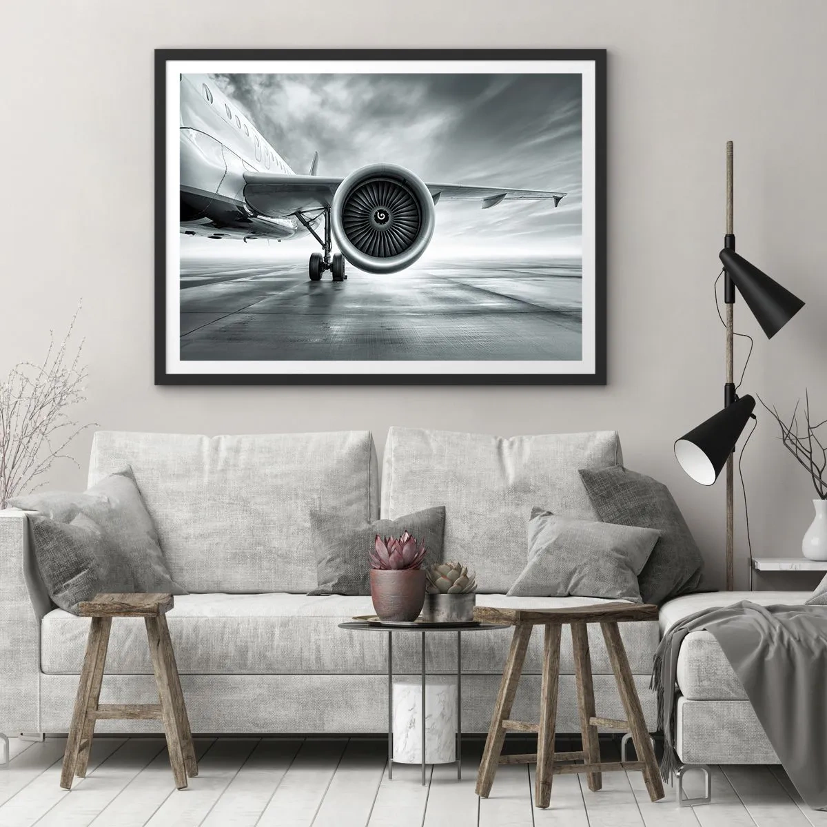 Póster en marco negro - El motor a reacción de un avión en la pista - 70x50cm - Hay poder - Decoración de pared moderna para salón y dormitorio ARTTOR