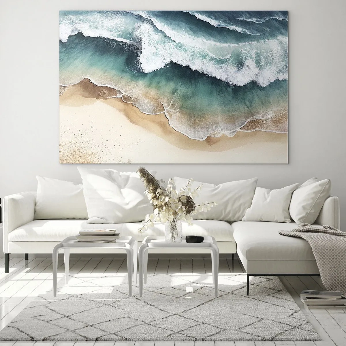 Cuadro sobre vidrio - Impresiones sobre Vidrio - Olas del océano rompiendo en una playa de arena dorada - 70x50cm - Un encuentro eterno - Decoración de pared moderna para salón y dormitorio ARTTOR