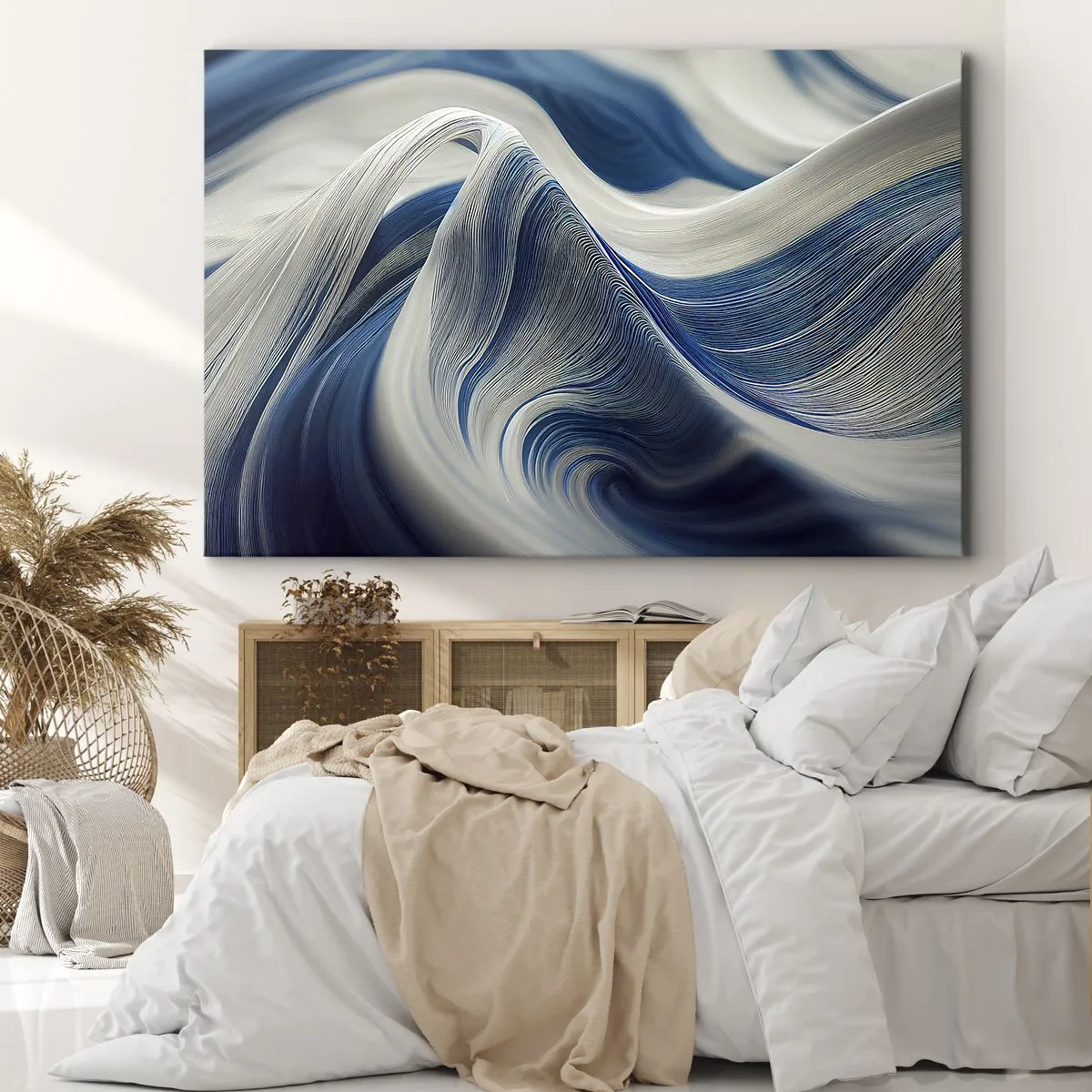Cuadro sobre lienzo - Impresión de Imagen - Ondas abstractas en tonos azules y blancos - 70x50cm - Fluidez de azul y blanco - Decoración de pared moderna para salón y dormitorio ARTTOR