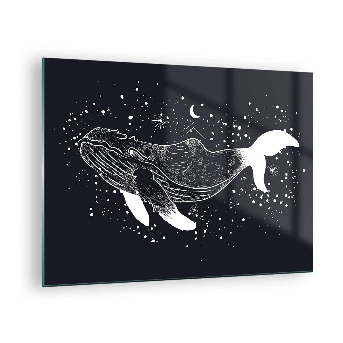 Cuadro sobre vidrio - Impresiones sobre Vidrio - Silueta blanca gráfica de una ballena flotando en el espacio. - 70x50cm - En el océano del universo - Decoración de pared moderna para salón y dormitorio ARTTOR